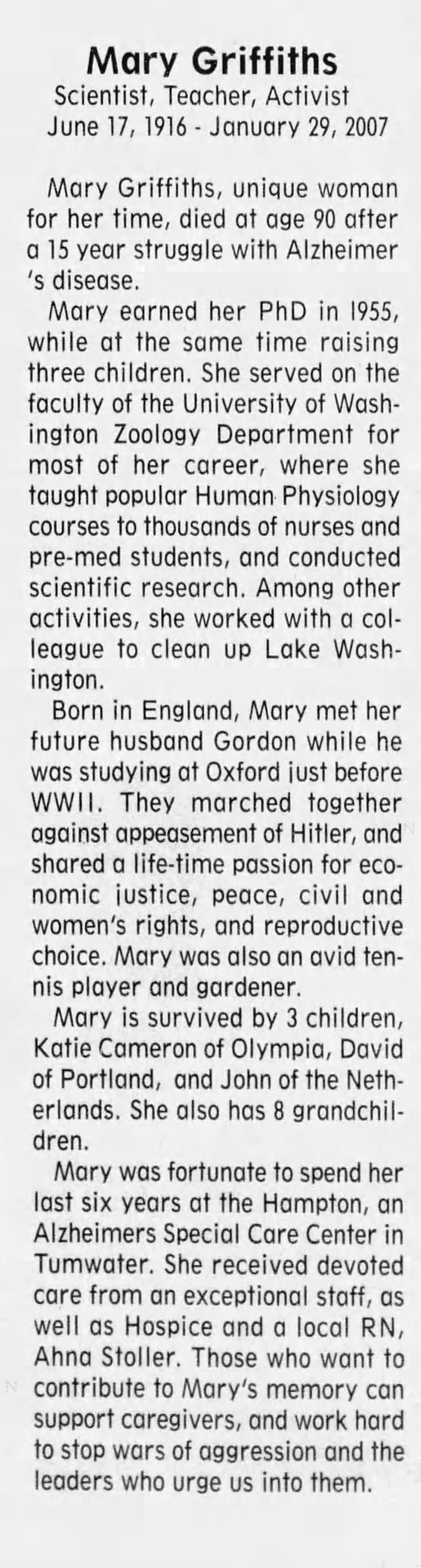 Mary Griffiths
Scientist, Teacher, Activist