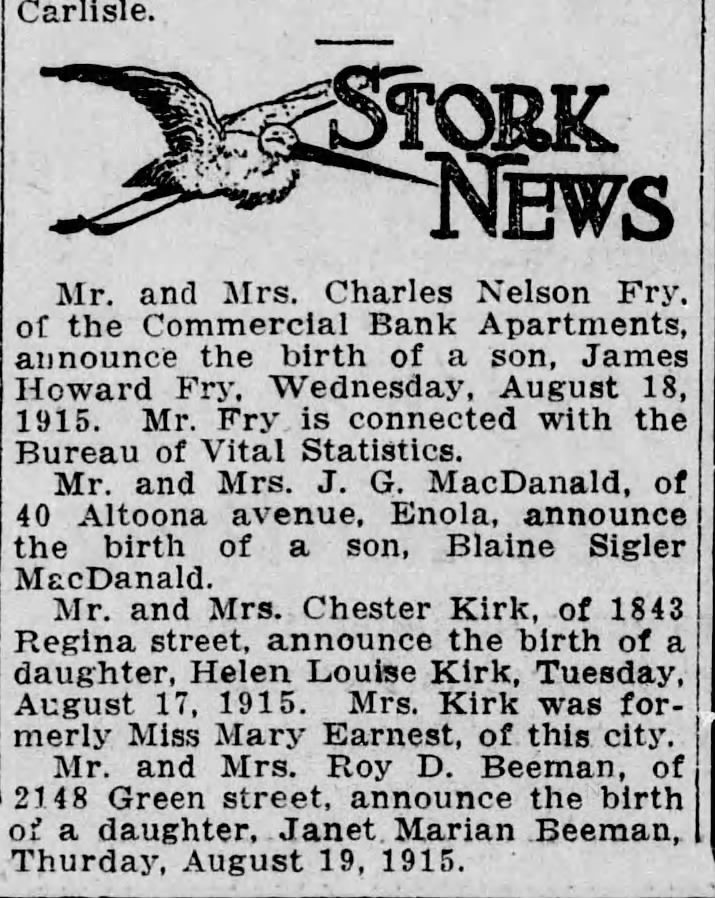 Stork News
Helen Louise Kirk
20 Aug 1915