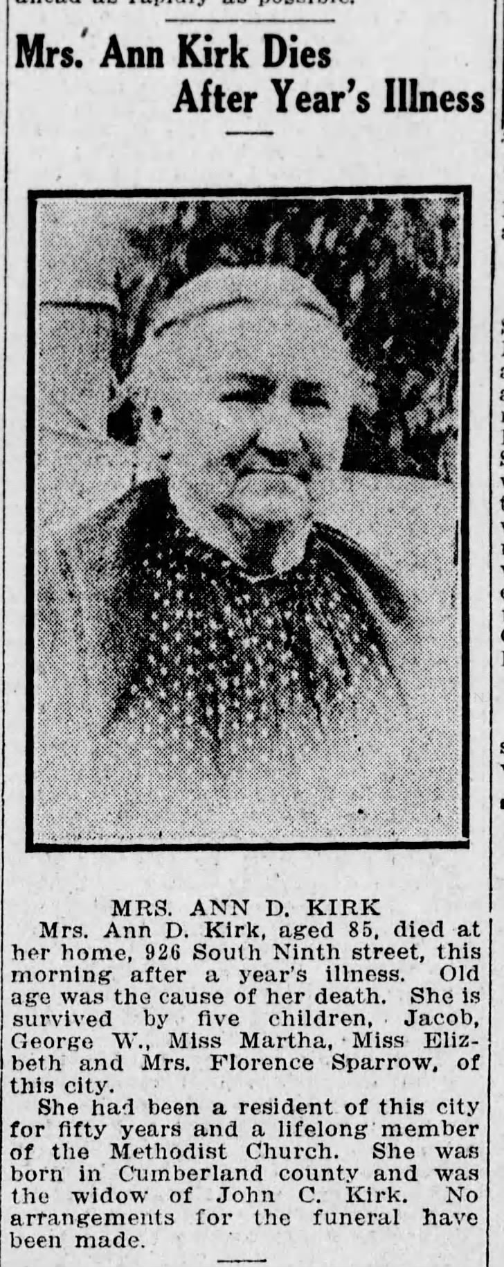 Ann Kirk Dies
22 November 1916