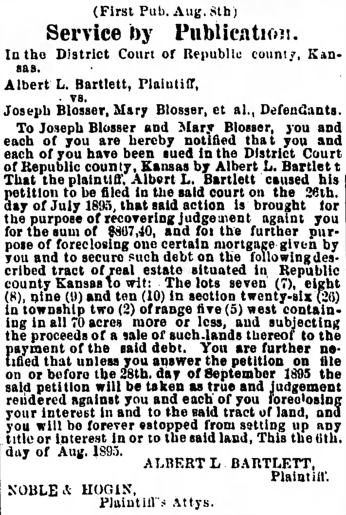 Belleville, KS 9/5/1895 
Joseph and Mary Blosser