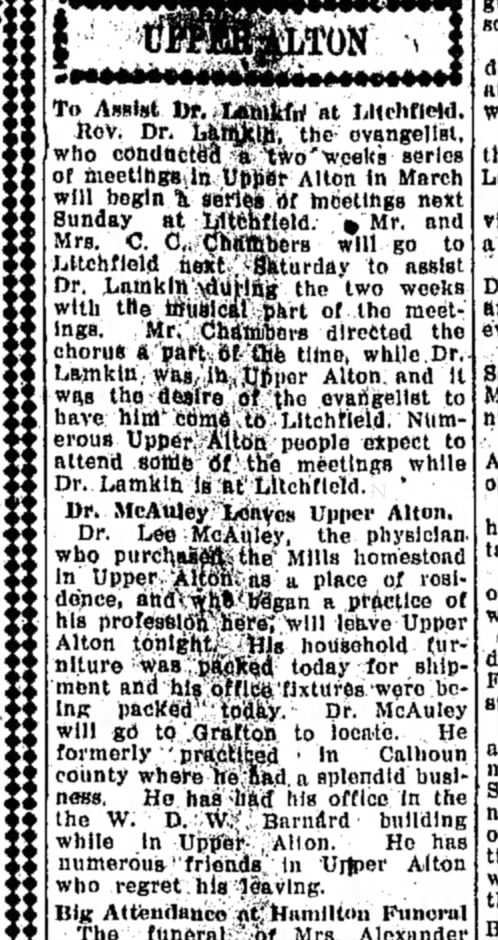 Dr. Lee leaves Upper Alton 4-26-1909 Alton Eve Tel