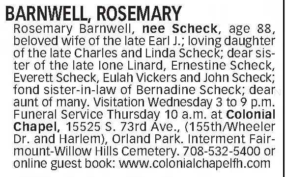 Rosemary Scheck Barnwell, Obituary, The Chicago Tribune, September 21, 2004