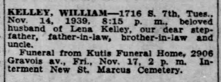 Death notice for Jerry Conrad's step-grandfather, William Kelley  (optional)