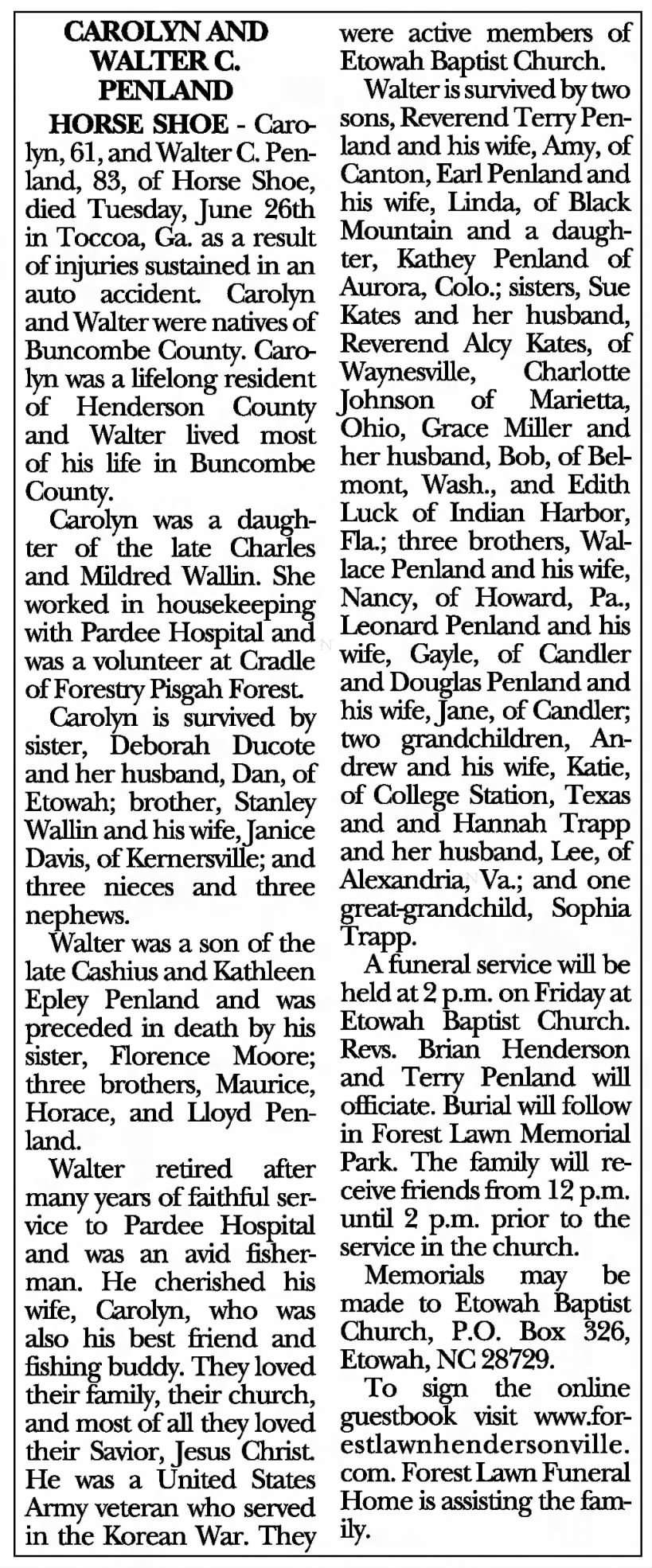 Carolyn and Walter C. Penland Obituary