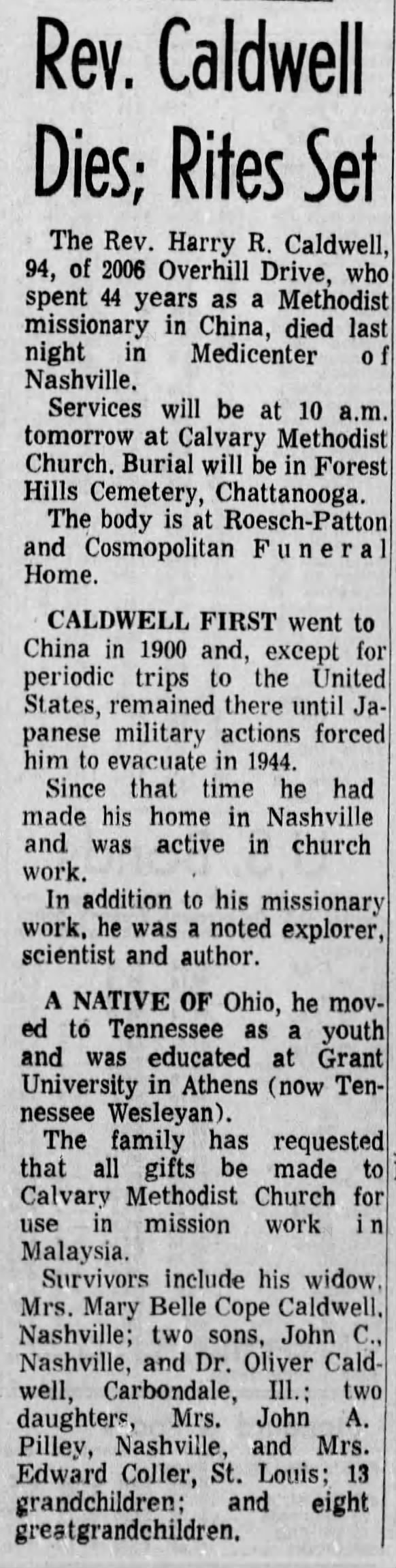 Harry Russell Caldwell Obituary 12.28.1970