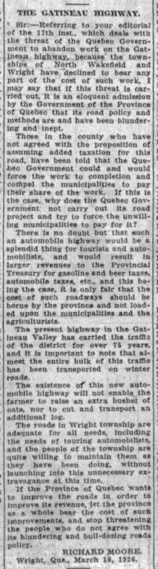 NEWS road Gatineau HighwayMarch 22 1926