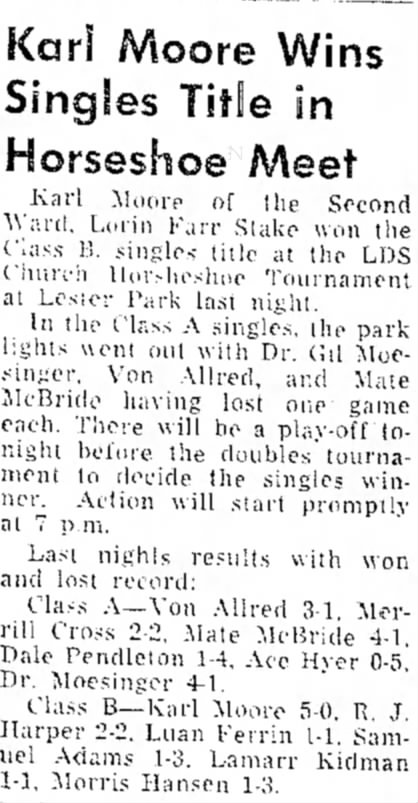 Karl Moore Wins Singles Title in Horseshoe Meet in 1955