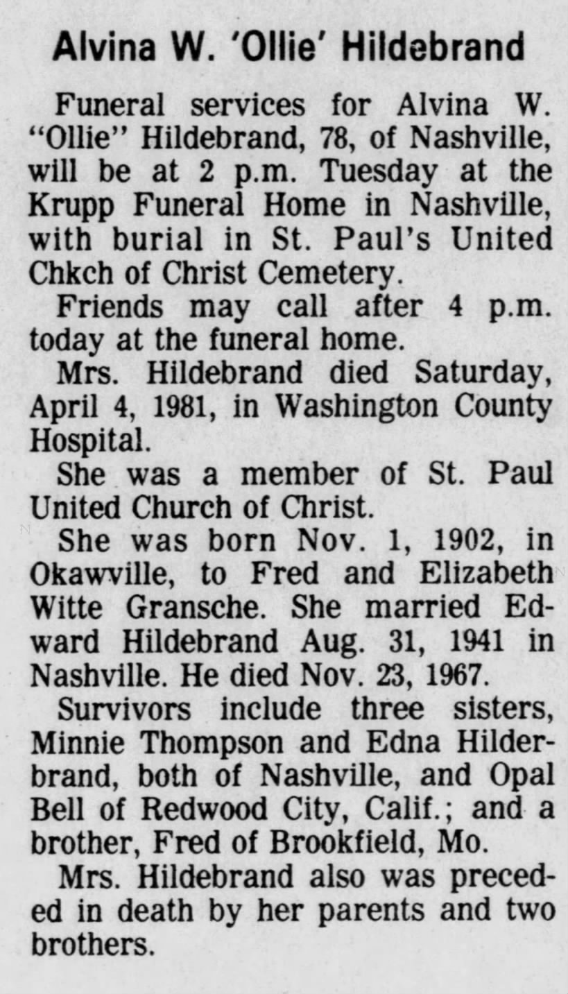 Obituary for Alvina W. Hildebrand, 1902-1981 (Aged 78)