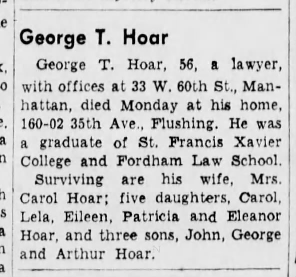 George T Hoar, 56, a lawyer, dies on 27 Oct 1941
