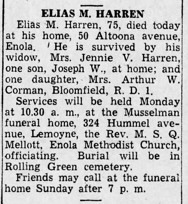 Harrisburg Telegraph 18 Oct 1946 Elias Harren