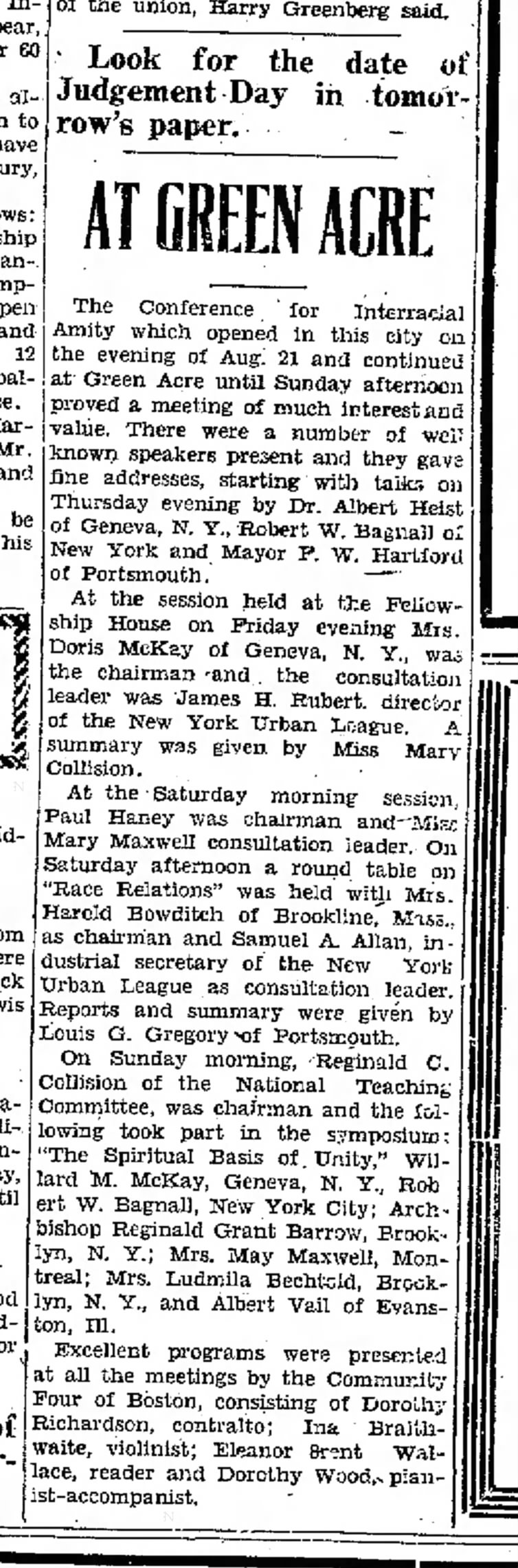 1930 Aug 26 Paul Haney and Mary Maxwell lead Race Relations Discussion at Green Acre