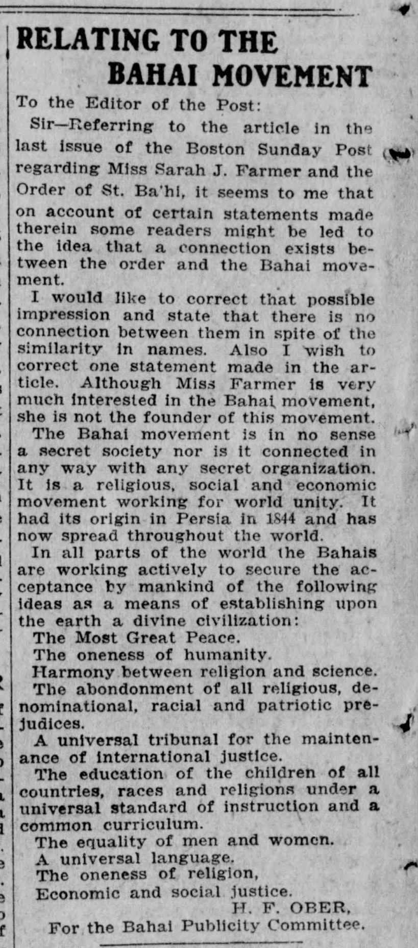 1916 Aug 27 Letter to Editor about Sarah Farmer and giving Bahai Principles Harlan Ober