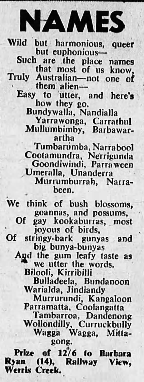 Poem mentioning Nandialla 1957