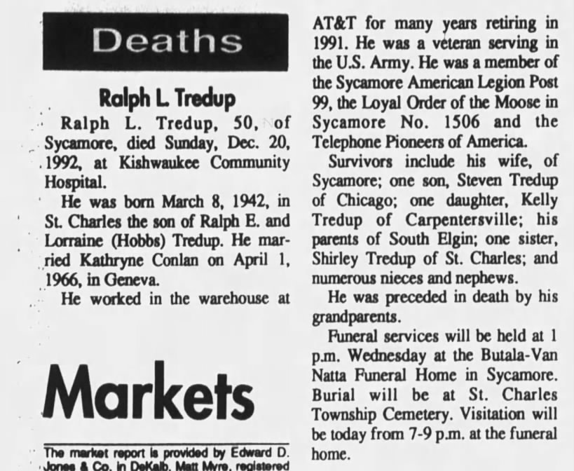 Ralph Tredup Death Notice 1992