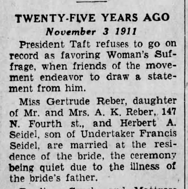 25 years since marriage of Gertrude Reber and Herbert Seidel
