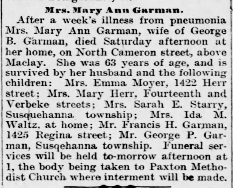 Mary Ann Fisher (Garman) 1835-1899