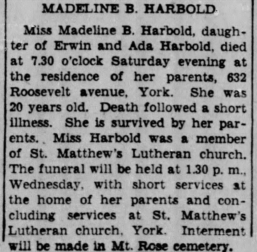 Miss Madeline B. Harbold, York, PA