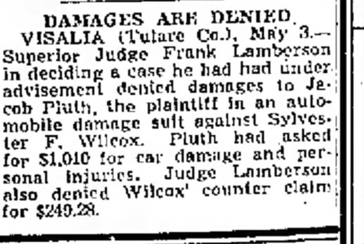 Jacob Pluth denied damages after accident 1945