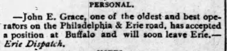 John E Grace accepts position with Railroad and moves to Buffalo, NY