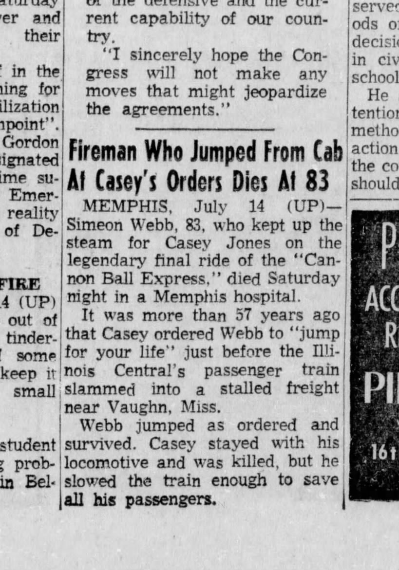 Simeon Webb, 83, fireman for Casey Jones  Dies at 83.  Died on Sat.  13 July 1957 