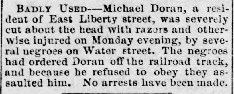 Michael Doran, attached and injured18 Nov 1872