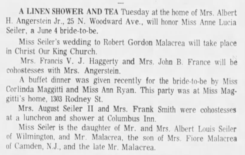 Anne Seiler bridal shower May 1966