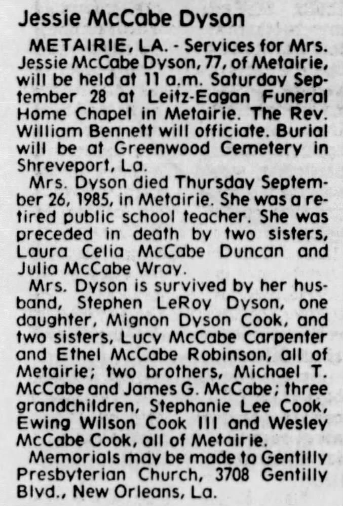 Obituary for Jessie McCabe Dyson