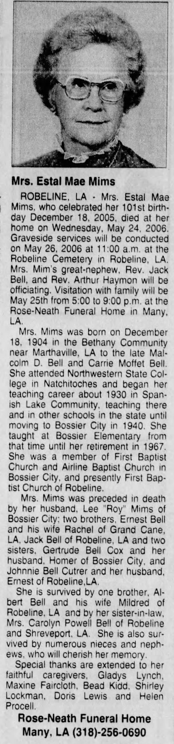 Obituary for Estal Bell Mims