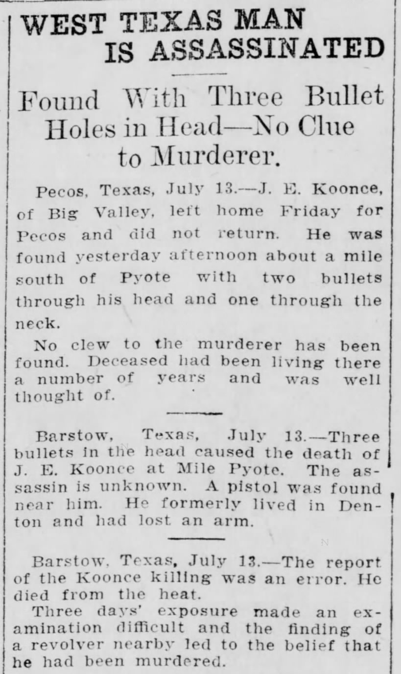 Death notice truth at bottom of article of J E Koonce
