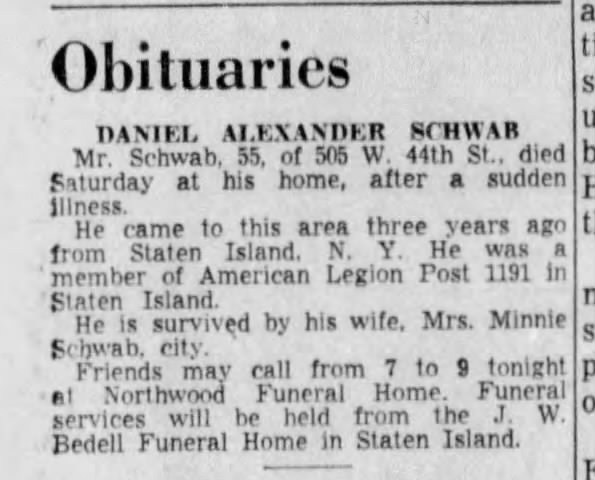 Daniel Alexander Schwab Obit Nov 1, 1958
The Palm Beach Post (West Palm Beach. Florida) 02 Nov 1958