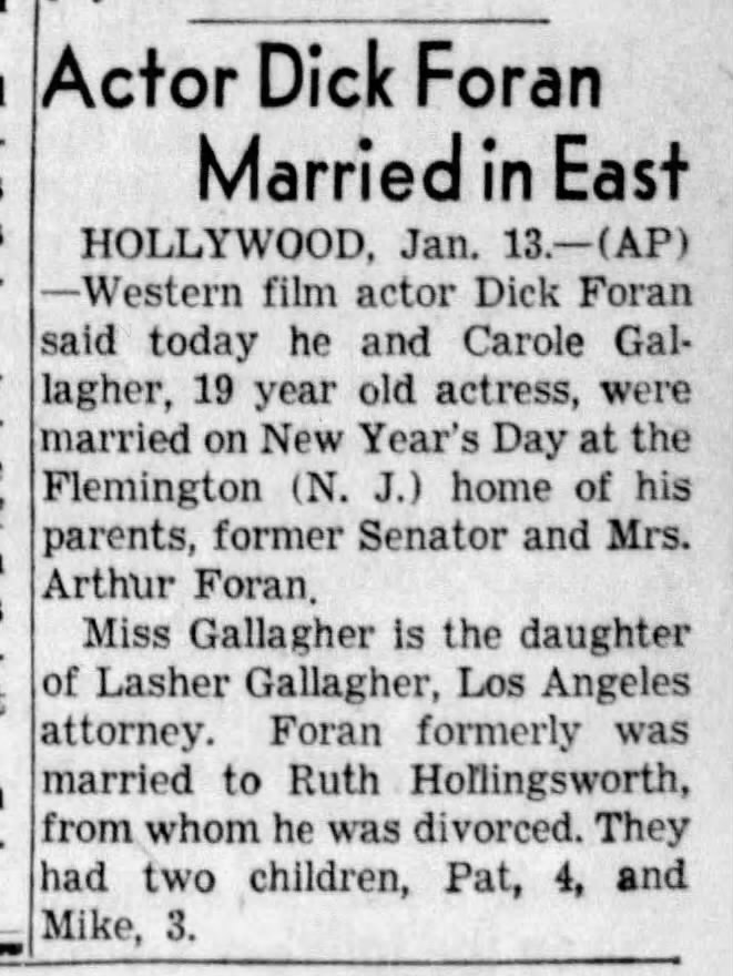 1943-Dick Foran marries Carole Gallagher