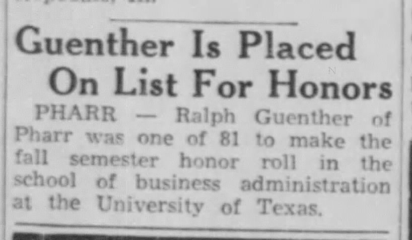 March 5, 1942 - Uncle Ralph Guenther Honor Roll at UT
