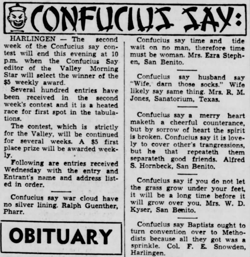 March 7, 1940 - More 'Confucius Say' Contest