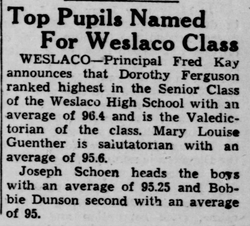 Mary Louise Guenther Salutatorian with 95.6 Average at Weslaco, TX Class of 1940