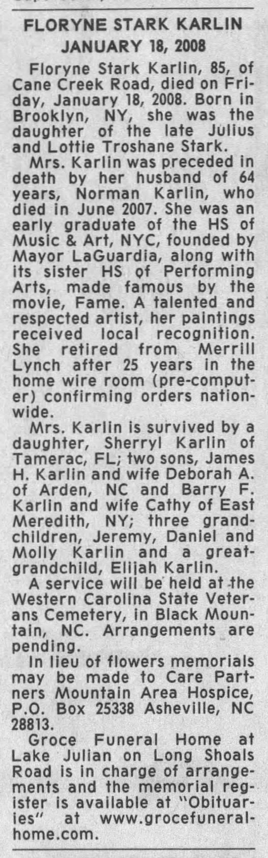 Obituary: Floryne Stark Karlin (Mrs Norman)