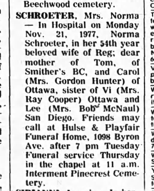 Norma Schroeter obituary, Ottawa Journal, 23 November 1977