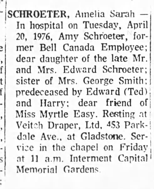 Amelia Sarah Schroeter, obituary, Ottawa Journal, 21 April 1976