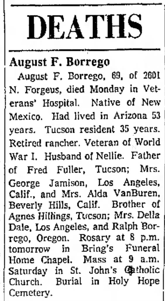 Obit for August F Borrego 8 May 1958