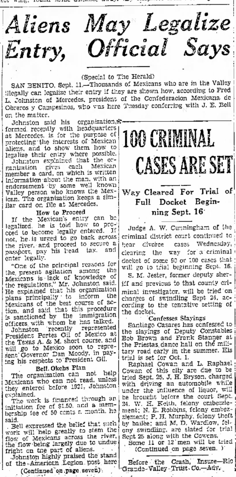 Fred L. Johnston - Brownsville Herald Sept 11 1929