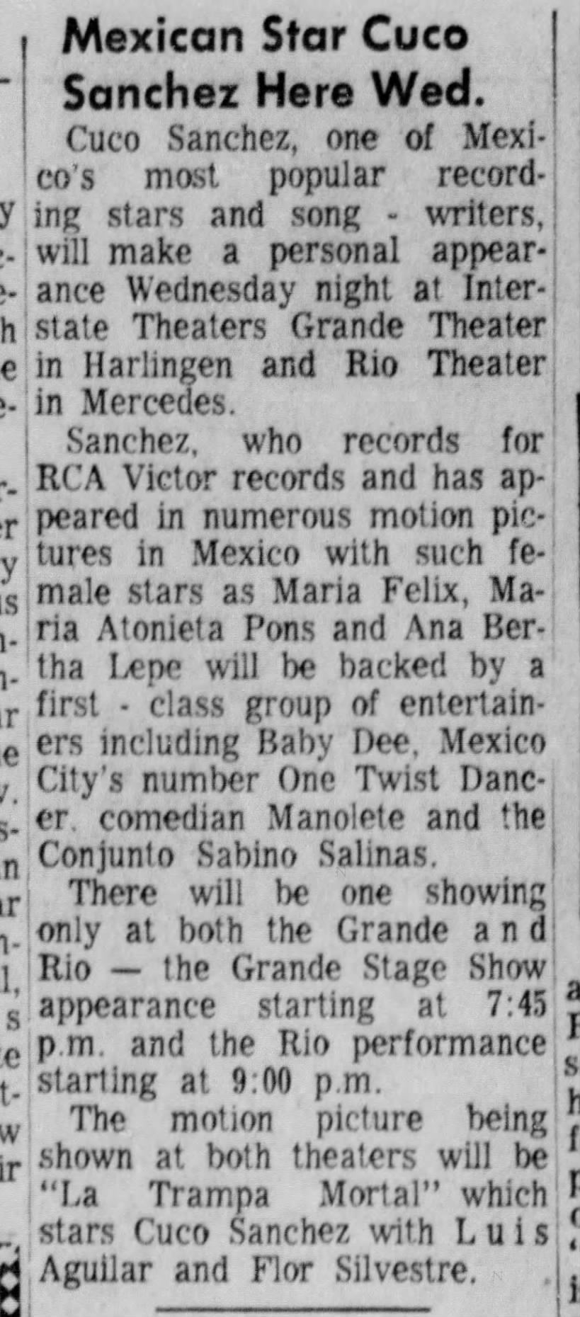 Rio Theater Cuco Sanchez - Valley Morning Star Nov 15 1964