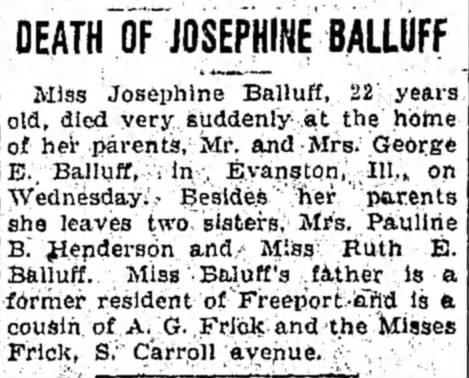 Freeport Journal-Standard, Freeport IL, 22 Sept. 1922, Josephine Balluff obit
