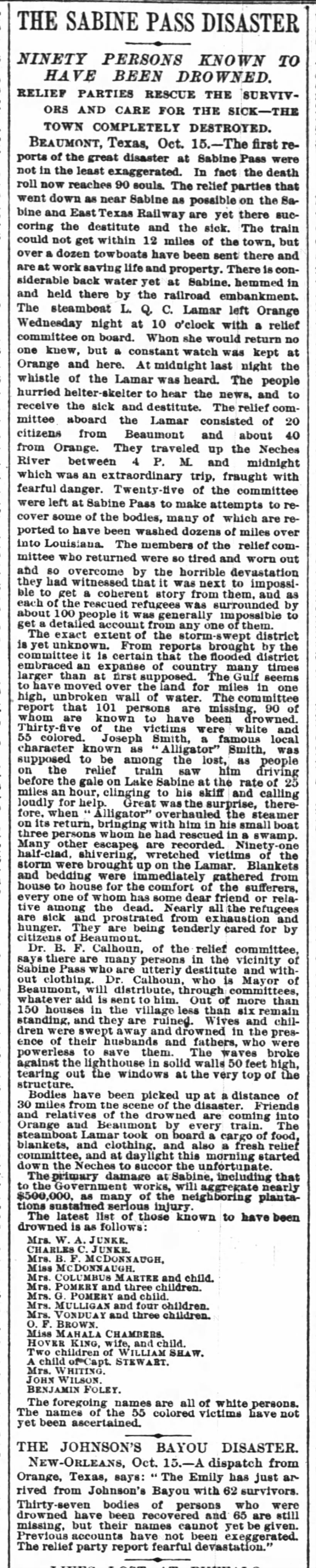 The Sabine Pass Disaster and The Johnson's Bayou Disaster
The New York Times
16 Oct 1886