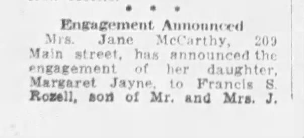 Engagement Announced-Margaret Jayne McCarthy to Francis S. Rozell, Part 1