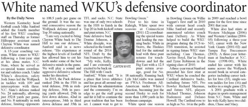 White named WKU's defensive coordinator