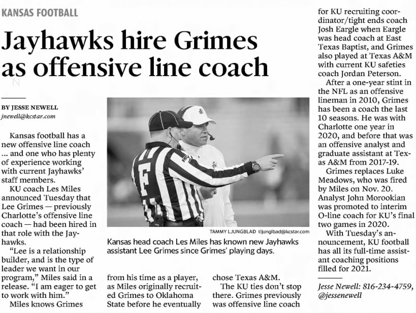 Jayhawks hire Grimes as offensive line coach