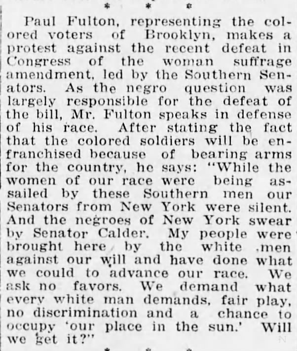 Paul Fulton protest against Congress vote, The Brooklyn Daily Eagle, 19 Oct 1918, pg 14