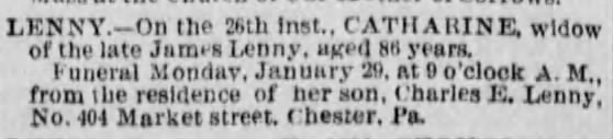 Lenny, Catharine, Funeral Notice, 1894