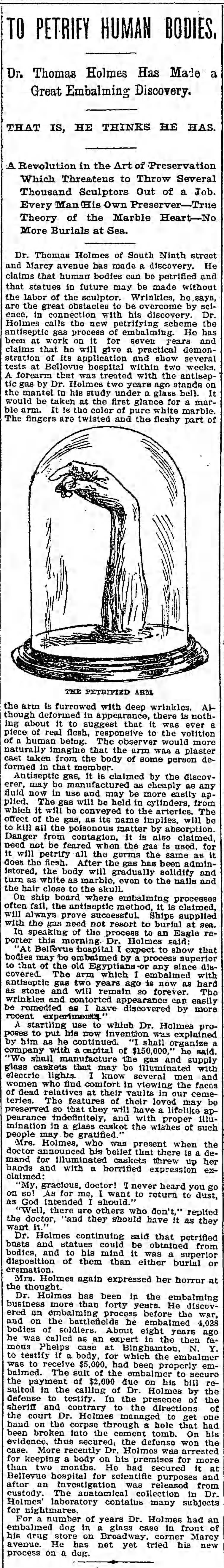 Dr. Thomas Holmes Has Made a Great Embalming Discovery 1895