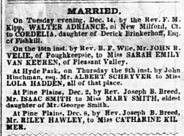 Walter Adriance marries Cordelia Brinckerhoff 18DEC1847