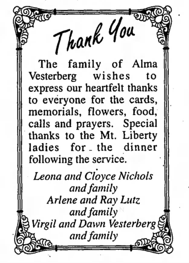 Alma Vesterberg Death Thank You